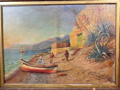 une peinture d'un bateau sur la plage au bord de l'eau