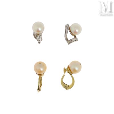 three pairs of pearl and diamond earrings on a white background