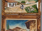 tableau représentant plusieurs tableaux accrochés au mur d'une pièce