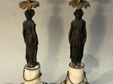 pair of antique bronze and marble candlesticks with female figures
