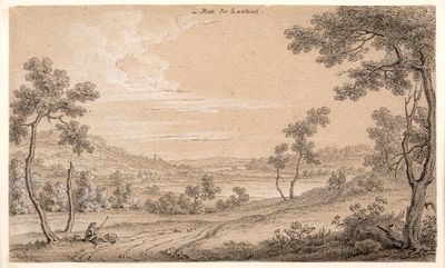 dessin représentant un paysage avec une rivière et des arbres au premier plan
