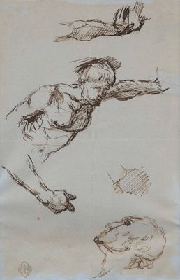 croquis d'un homme et d'un chien réalisés par un oiseau posé sur une table