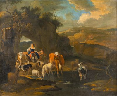 tableau représentant un groupe de personnes et d'animaux dans un paysage rocheux