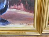 a painting of a vase with flowers in it on a easel