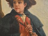 painting of a young boy in a red coat and hat playing a flute