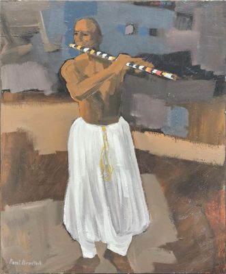 an oil painting of a man holding a flute in front of a building