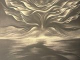 drawing of a sun rising over a body of water