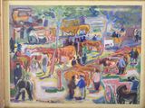 a picture of a painting of people and horses in a field