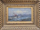 une peinture à l'huile représentant un bateau sur une mer agitée, avec une montagne en arrière-plan