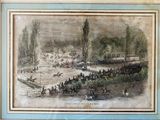 an old drawing of a crowd of people watching a horse race
