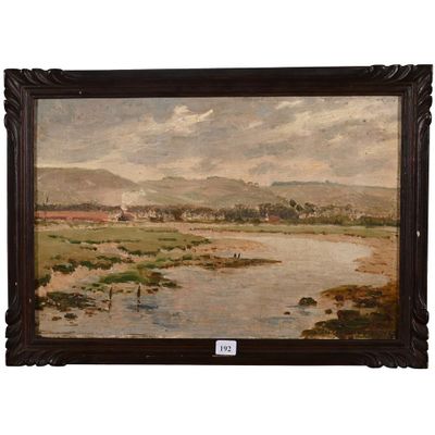 une peinture à l'huile représentant un paysage avec une rivière au premier plan