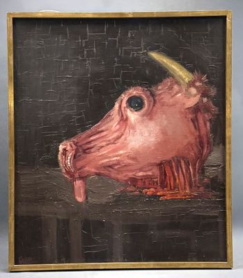 tableau représentant un cochon rose avec une corne dorée sur la tête