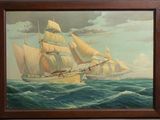 une peinture à l'huile représentant un voilier en mer par temps nuageux