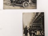 three black and white photos of a man standing next to a horse drawn carriage