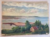 une peinture à l'huile représentant une vue de plage avec un bateau dans l'eau