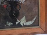 a painting of flowers in a black vase on a table