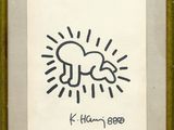 a framed drawing of a dog with a sunburst in the background
