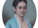 portrait of a woman in a blue dress with a white lace collar