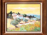an oil painting of a landscape with a house and olive trees
