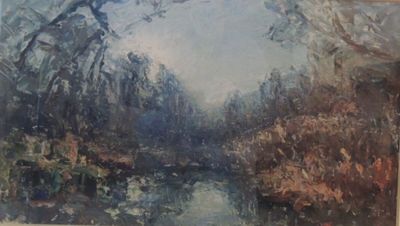 une image d'une peinture d'une rivière dans les bois