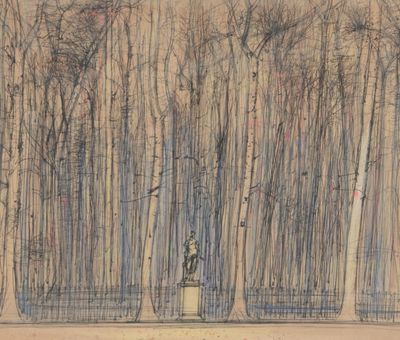 dessin représentant un homme debout devant une rangée d'arbres dans un parc
