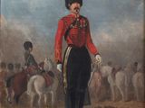 painting of a man in uniform standing in front of a group of horses