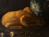 a painting of a turkey on a plate with garlic and a cup