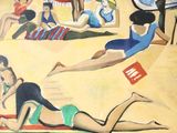 a painting of people on a beach with a clock