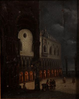 une image représentant un tableau d'une ville la nuit, avec des gens dans la rue