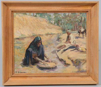 une peinture à l'huile représentant une femme assise par terre au bord d'une rivière