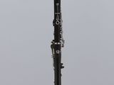 a close up of a black and gold clarinet on a clear stand