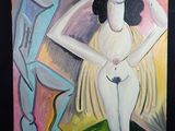 un tableau représentant une femme debout devant un homme