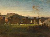 an image of a painting of an old building in a field