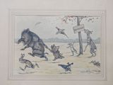une image représentant un dessin d'un sanglier et d'autres animaux dans un champ