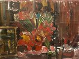 a painting of a vase of flowers on a table