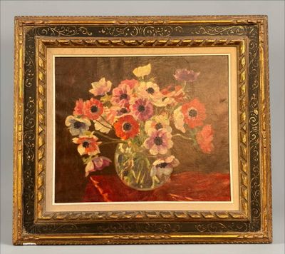 une peinture à l'huile représentant des fleurs dans un vase sur une table