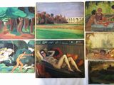 several paintings of a woman laying in a hammock on a bed