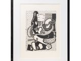 a black and white drawing of a woman sitting on a chair