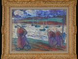 an image of a painting of two women walking on a beach