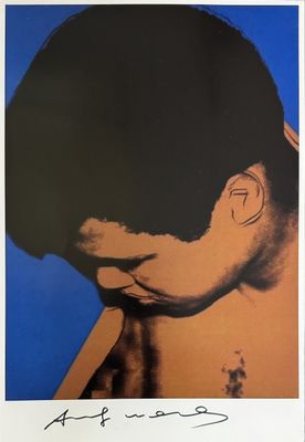 a close up of a picture of a person with a blue background