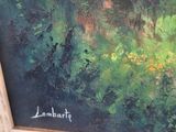 an oil painting of a forest scene with trees in the background