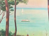 a poster of a boat on the water in the distance