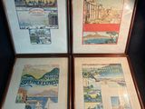 quatre affiches encadrées représentant différents pays sont exposées sur un fond noir