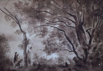un tableau représentant un homme et une femme se promenant dans les bois