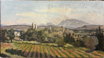 une peinture à l'huile d'un paysage avec des montagnes en arrière-plan