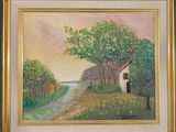 une image d'un tableau représentant une maison au bord d'une rivière