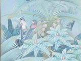 tableau représentant deux oiseaux perchés sur un palmier dans un décor tropical
