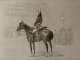 tableau représentant un homme en uniforme à cheval devant une rangée de soldats