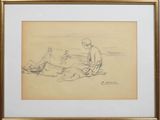 dessin représentant un homme et une femme assis sur la plage
