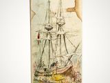 an old book with a picture of a ship in the water
